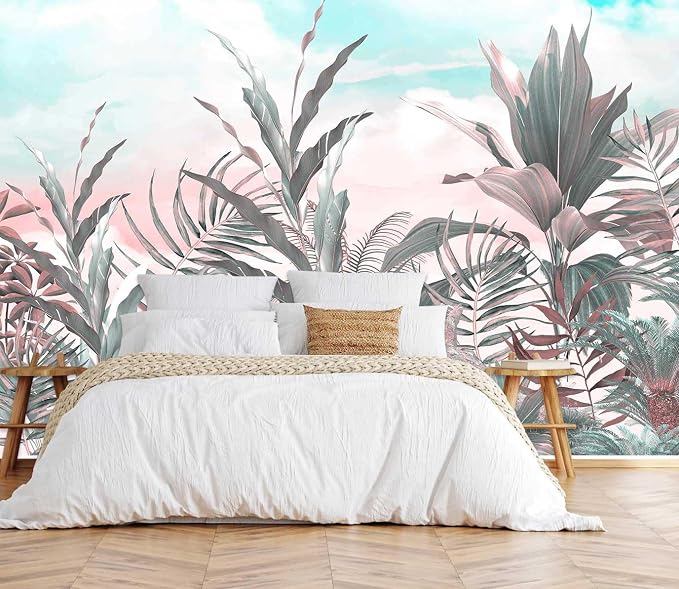 Toolhom Tropical Leaves Flowers Seamless Pattern Mural | 170"x108" non-self-adhesive wallpaper for bedroom, living room, bathroom decorative art background wall