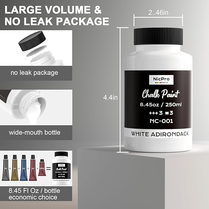 Nicpro All-in-One White Chalk Paint for Furniture, 8.45 oz (250ml) Matte Finish Acrylic Craft Paint, Built-In Primer & Top Coat, Non-Toxic Furniture Paints for Cabinets, Wood, Metal, Home Decor