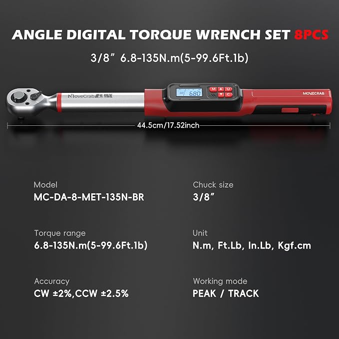 3/8" Digital Angle Torque Wrench, 5-99.6 Ft.lb, ±2% Accuracy, 8pcs | Electronic Torque Wrench with 0.1° Angle Mode, LED Display, Buzzer Alerts for Automotive, Motorcycle & Engine Repair