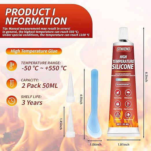 High Temp Silicone Sealant, High Temperature Adhesive, Heat Resistant Glue, Insulation and Waterproof Quick Drying Silicone Adhesive for Ovens Fireplace Microwave, Transparent, 2 Pack, 3.53 OZ