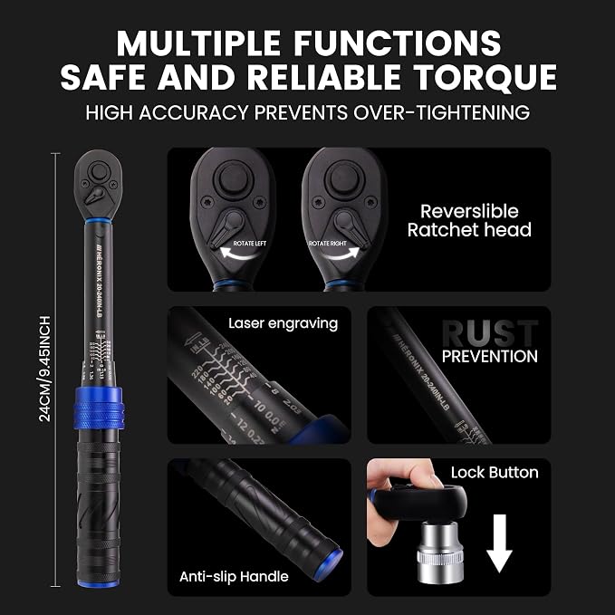 1/4-Inch Drive Click Torque Wrench, 20-240 in.-lb / 2.3-27.1 Nm, Adjustable Dual-Direction 72-Tooth Inch Pound Torque Wrench for Bike, Motorcycle & Small Engine Repair