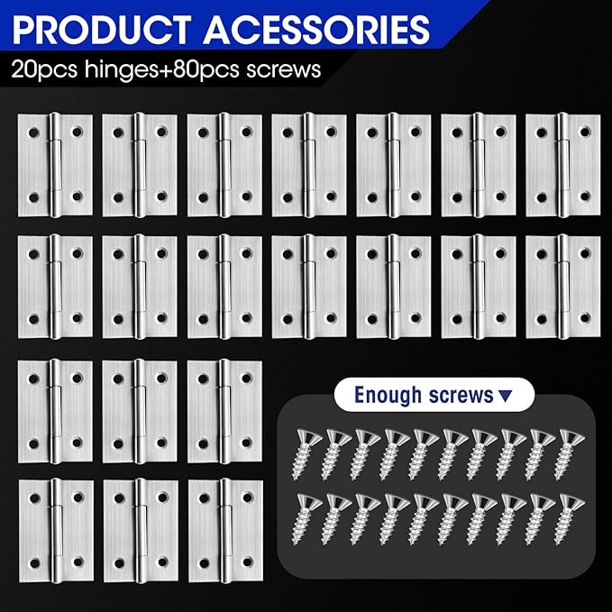 20 PCS 2 inches Door Hinge Cabinet Door Hinges Stainless Steel Butt Hinges Home Furniture Hinges Bisagras for Door, Window, Case Lid, Wooden Box Chest with 120 Mounting Screws, Silver