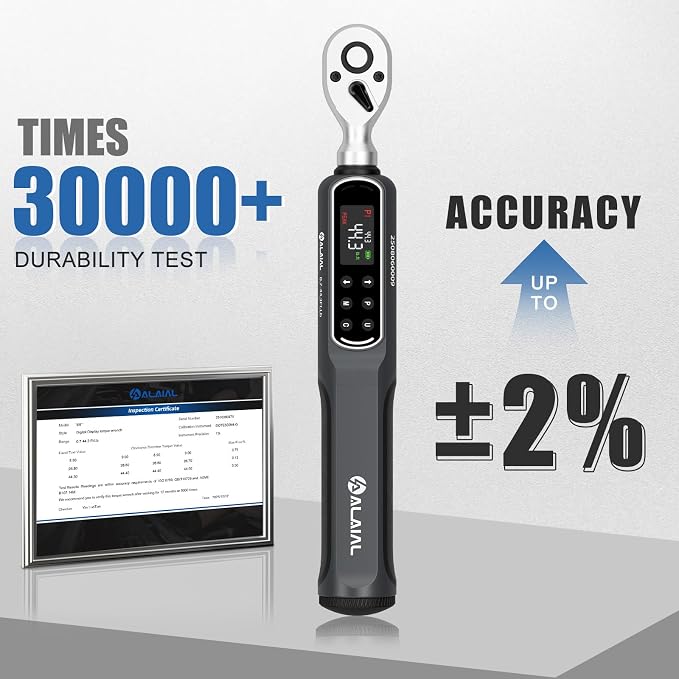 Digital Torque Wrench 3/8 Drive, 0.7-44.3 Ft.Lb ±2% Accuracy | LED Display, Buzzer&Vibration Alert, 2 Modes, 10 Presets&500 Data Logs, for Lug Nuts, Automotive, Motorcycle Repair