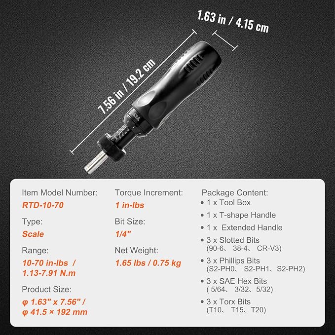 VEVOR 1/4" Drive Screwdriver Torque Wrench with Scale, 10-70 in/lbs Torque Range, 1 in-lbs Torque Increment Torque Screwdriver with Bits & Case