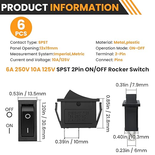 2 Pin 2 Position Boat Shaped Rocker Switch, KCD3-101 ON/Off Snap in Toggle Switch, AC 250V/15A 125V/20A Red Rocker Switch Toggle for Car Auto Boat Household Appliances (Black 6 Pack)