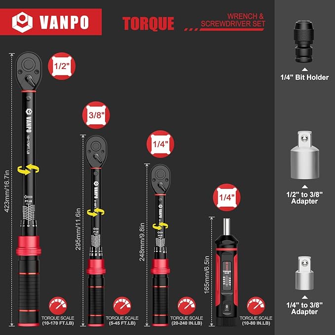 VANPO Torque Wrench Set, 1/4" 3/8" 1/2" Drive, for Bike, Motorcycle, Car | 20-240 In.lb, 5-45 Ft.lb, 10-170 Ft.lb with 3 Adapters,±3% Accuracy, Click Torque Wrenches, 72-Tooth,Dual Scale,Storage Case