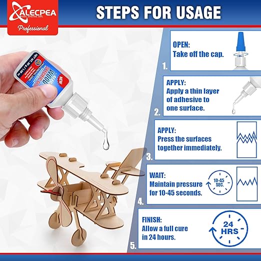 ALECPEA Wood Glue with 3 Precision Applicators - Fast Curing Super Glue for Woodworking, Furniture Repair & Crafts - Strong & Clear, 30g