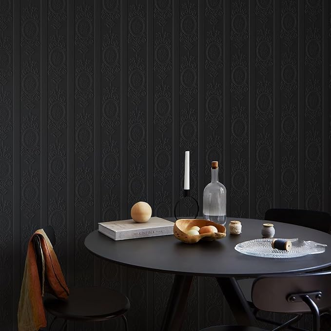 Black 3D Embossed Textured Peel Stick Wallpaper 17.3"x400" | Removable Renter Friendly Contact Paper, Waterproof Self Adhesive Wallpaper for Bedroom, Bathroom, Decor,48 sq.