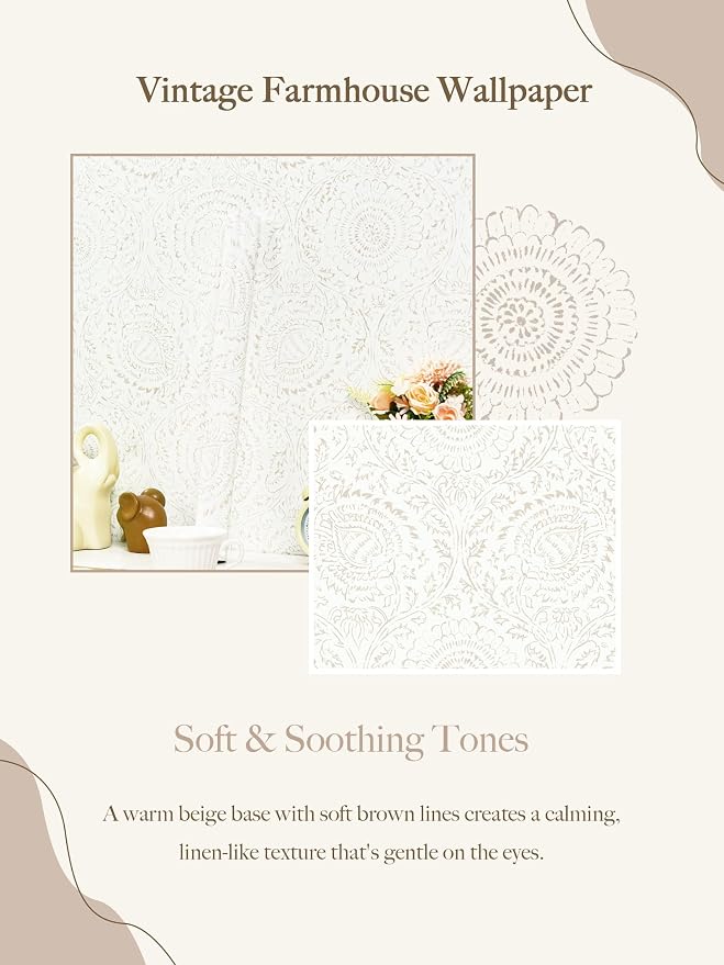 Heroad Boho Peel and Stick Wallpaper Modern Floral Wall Paper Neutral Beige Contact Paper Self Adhesive Removable Renter Friendly Wallpaper for Bedroom Living Room Shelf Liner Vinyl 17.3'' x 78.7''