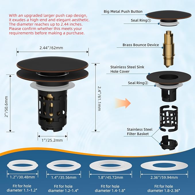 Hibbent 2 Pack 3 in 1 Bathroom Sink Drain Strainer, Pop Up Sink Stopper with Big Push Cap, Anti-Clogging Metal Filter Basket,Sink Plug with Hair Catcher for 1.1''~2.36'' Basin, Oil-Rubbed Bronze