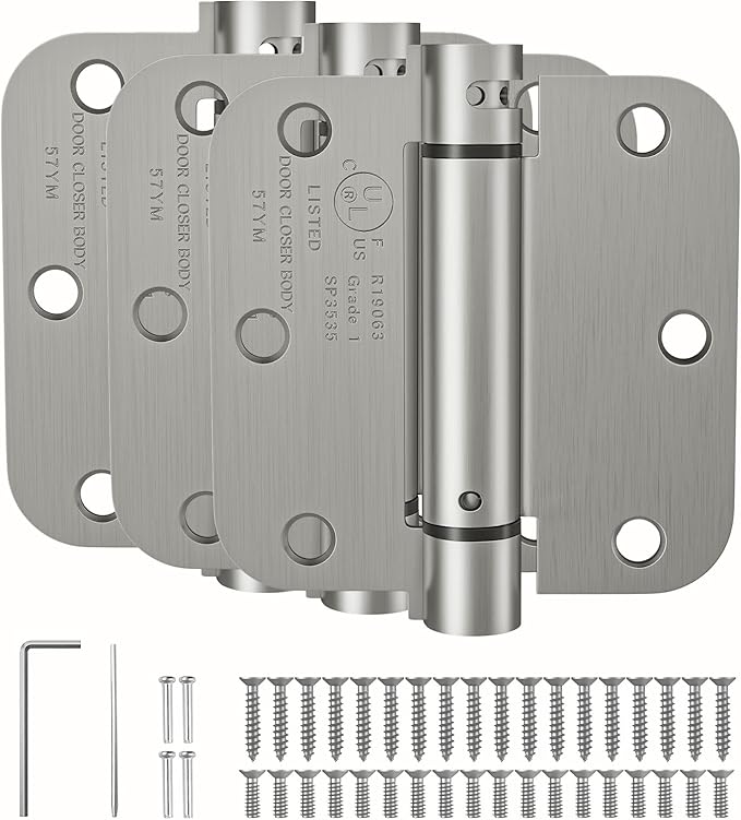 HOSOM Self Closing Door Hinges 3.5 Inch Spring Loaded Hinges Adjustable Tension for Interior Door, UL Listed, for Left and Right Hand Door, 5/8'' Radius Corners, Brushed Nickel, 3 Pack