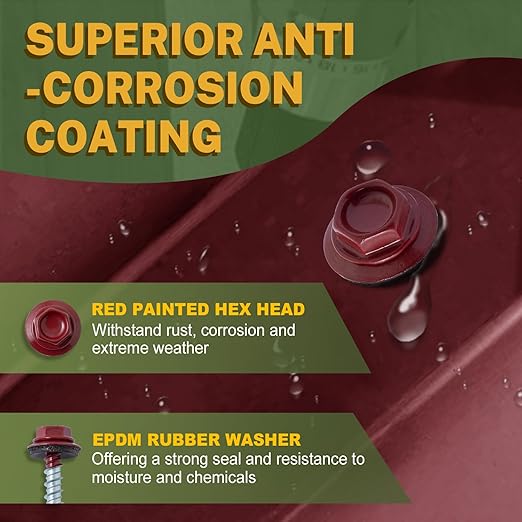 LIONMAX Metal Roofing Screws #10 × 2-1/2 Inch, 300-PCS, Dark Red Painted Hex Head Sheet Metal Roof Screws, Rubber Washer, Sharp Point, Metal to Wood Siding Screws, Hex Socket Included