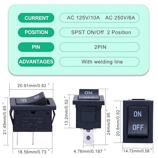 Twidec/5Pcs Rocker Switch AC 6A/250V 10A/125V SPST 2 Pins 2 Position ON/Off Car Boat Square Black Rocker Switch Toggle with Pre-soldered Wires KCD1-1-101-ON-OFF-X