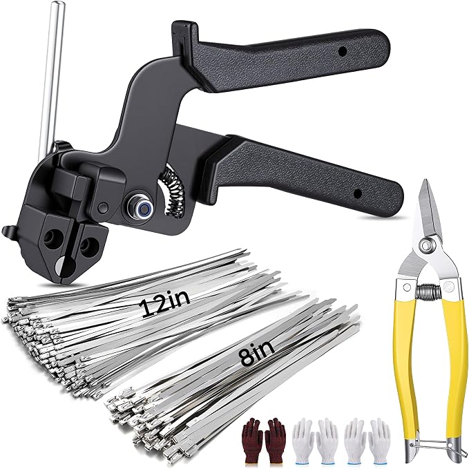 Stainless Steel Cable Tie Gun Kit, 200 Pcs Metal Zip Ties (100 Each of 8/11.8 Inch), Adjustable Fastening and Cutting Tools for Fence, Chain Link Fence, Pipe, Industrial Use