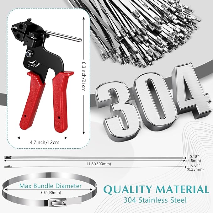 LEIFIDE 500 Pcs Metal Zip Ties Gun Kit, 11.8 Inch 304 Stainless Steel Metal Zip Cable Ties, Heavy Duty Self Locking 220 Pound Tensile Strength Cable for Exhaust Wrapping Fence Outdoor Workshop(Red)