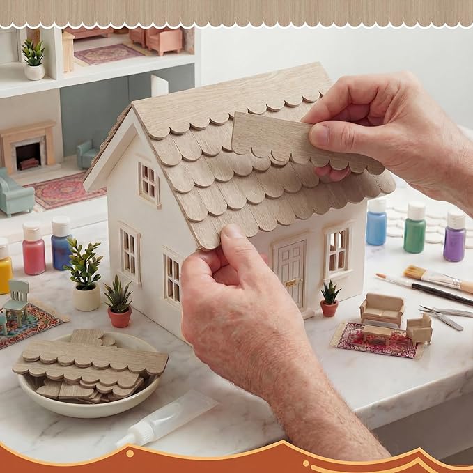 Wenqik 100 Strips Dollhouse Roof Shingles 4.25 x 1.14 Inches Each Mini Fish Scale Wooden Dollhouse Miniature Roofing for 1: 12 Scale Doll House Projects DIY Miniature Landscapes (Light Brown)