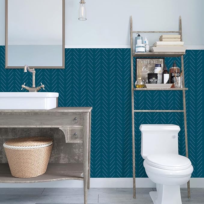 Erfoni Blue Peel and Stick Wallpaper Modern Herringbone Contact Paper | 17.7inch x 236.2inch Geometric Removable Wallpaper Peel and Stick Line Self Adhesive Contact Paper for Bathroom Decor