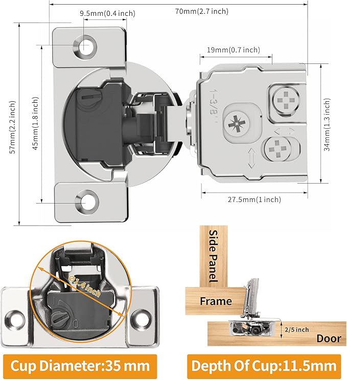 Chibery 60 Pack 1-3/8" Overlay 4D Soft Close Concealed Hinges for Face Frame Door, Adjustable Closing Speed, Smooth Slow Self Close Hinges, Satin Nickel, 105° Open Angle Stainless Steel Cabinet Hinges