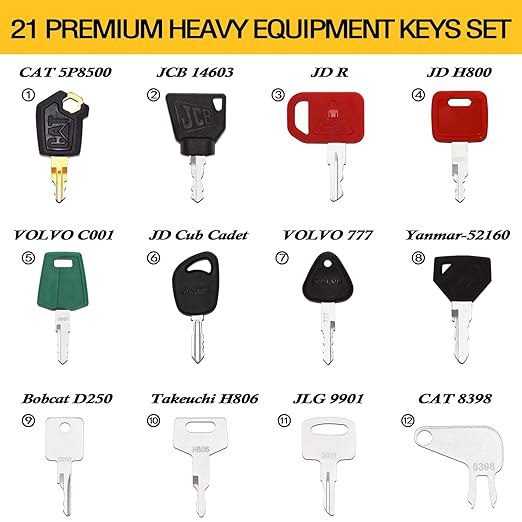 21 Heavy Construction Equipment Key Set fits Cat, JD, Case, Komatsu, Hyster, Kubota, JCB, Bobcat, Daewoo, JLG, Toyota & More, Master Ignition Key for Workers and Opeartors