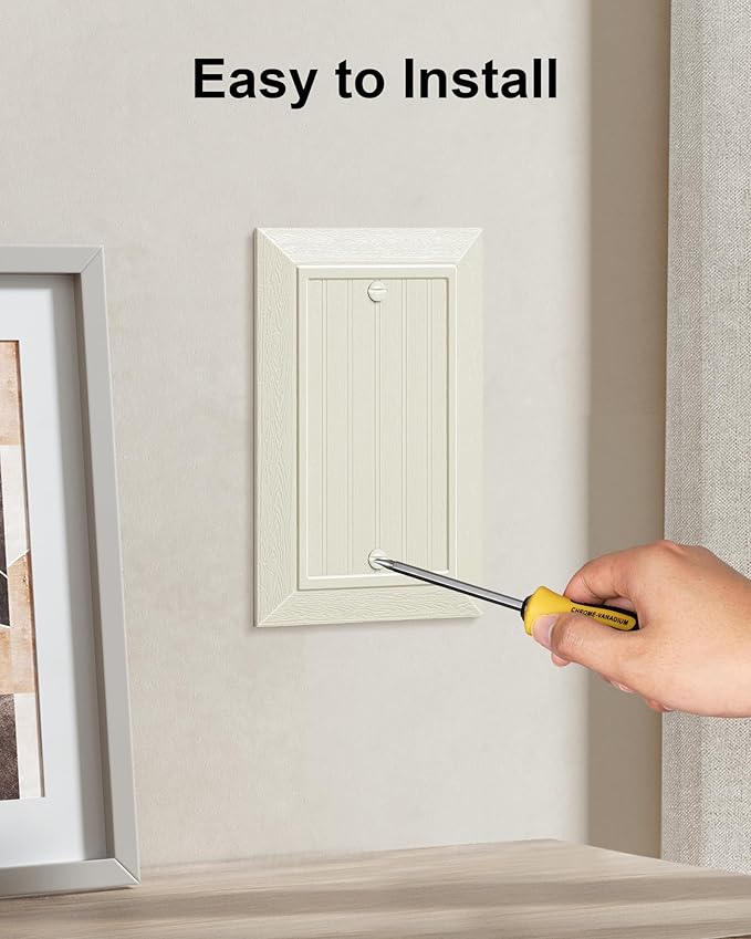2-Pack Classic Beadboard Single Blank Wall Plate, Unbreakable Polycarbonate Wall Plate Cover, Light Almond 1 Gang Wall Plate for Unused Outlets/Switches