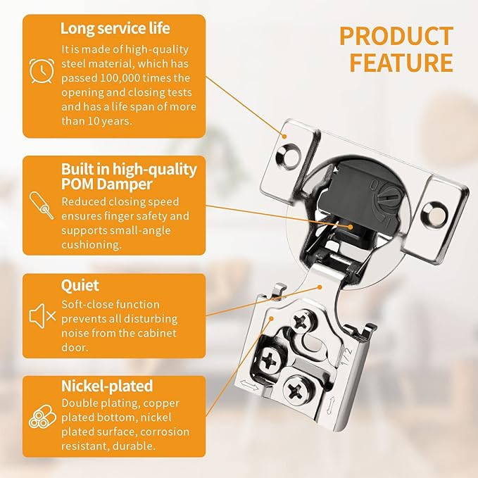 Chibery 60 Pack 1/2" Overlay 4D Soft Close Concealed Hinges for Face Frame Door, Adjustable Closing Speed, Smooth Slow Self Close Hinges, Satin Nickel, 105° Open Angle Stainless Steel Cabinet Hinges