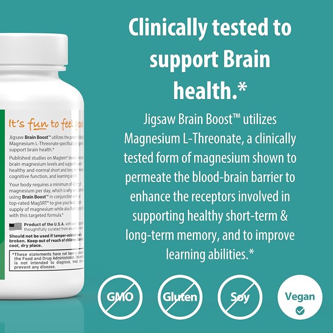 Jigsaw Health Brain Boost | Supports Memory and Cognitive Function | Magnesium L-Threonate | 90 Capsules | 30 Servings