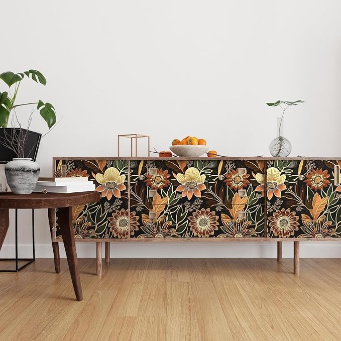 Boho Dark Black Gold Floral Wallpaper Peel and Stick 17.5"x787" | Self Adhesive/Removable/Waterproof/Thick Vinyl Extra Long Contact Paper for Bathroom Bedroom Shelf Cabinet Drawer,Prepasted