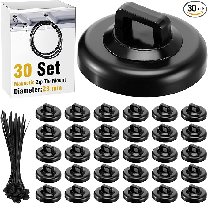 Leinuosen 30 Set Magnetic Zip Tie Mount and Nylon Cable Ties, 23 mm Multipurpose Wire Cable Holder Mount Wire Clips Management Electrical Organization Supplies (Black)