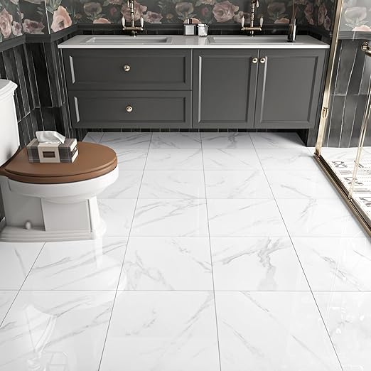 WESTICK White Marble Peel and Stick Floor Tile Bathroom Self Adhesive Floor Tiles Peel and Stick Waterproof Kitchen Flooring Tiles Removable Marble Tile for Bedroom Living Room Camper 5 Pcs 12" x 12"