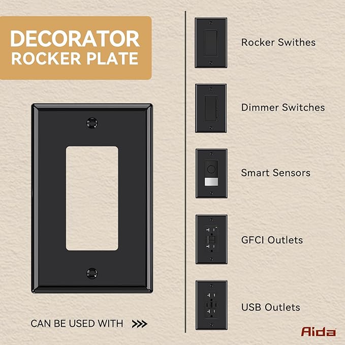 AIDA 1-Gang Midsize Light Switch Cover Plate, Decorative Outlet Covers - Glossy Black, 4-Pack Unbreakable Polycarbonate Wall Plates for Decorator Device, UL Listed, 4.88" H x 3.13" L