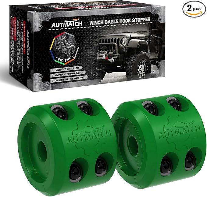 AUTMATCH Winch Cable Hook Stopper (2 Pack), Silicone Rubber Winch Stopper for Wire & Synthetic Rope, Winch Line ATV UTV, Shock Absorbent Prevent Pulling Bounce and Abrasion, Dark Green