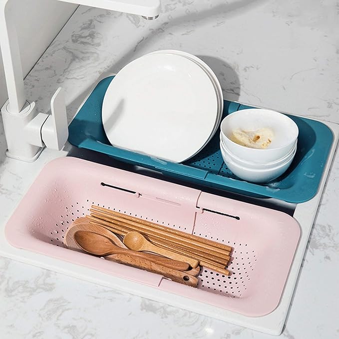 Draining rack Foldable Sink Filter Rectangular Plastic Drain Basket for Draining Pasta and Cleaning Fruits and Vegetables (Green/Pink) Sink Strainer Basket(White)
