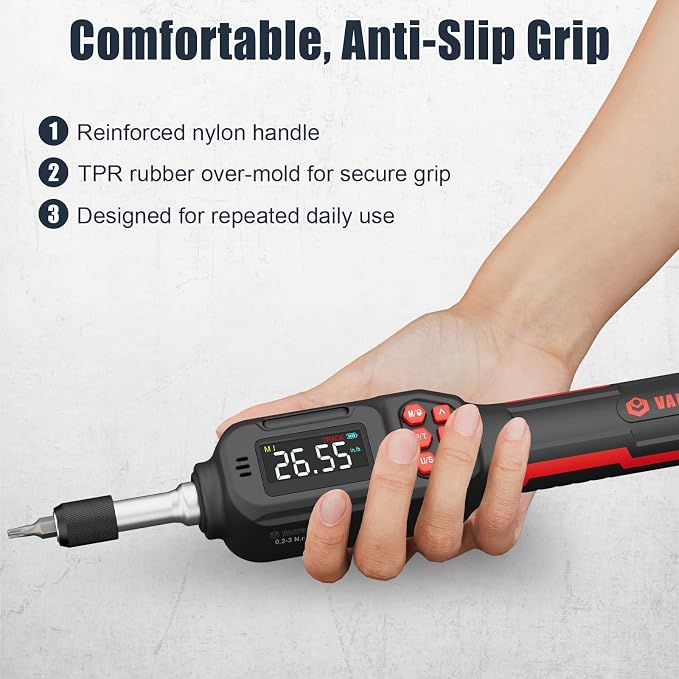VANPO Digital Torque Screwdriver, 1.77-26.55 in.lb, ±2% Accuracy | 0.2-3Nm, 1/4" Inch Pound Torque Screwdriver Set with S2 Bits, LCD Display & Audible Buzzer & 4 Unit for Bike,Scope Mounting