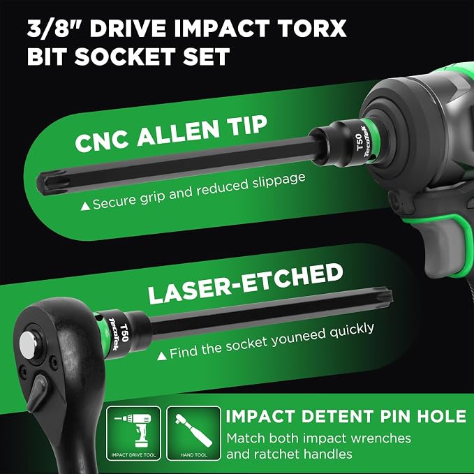 TecoTek 3/8" Drive Impact Torx Bit Socket Set, Extra Long Torx Socket, S2 Alloy Steel Star Bit Sockets, 24PCS Star Bit Set, T10-T60, 2in & 6in Long, CR-V & S2 Alloy Steel Set, Enhanced Storage Case