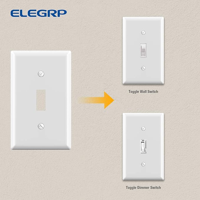 ELEGRP Toggle Light Switch Wall Plate, 1-Gang Standard Size Switch Covers, Unbreakable Polycarbonate Replacement Faceplates Covers, UL Listed, Color-matched Screws Included (1 Pack, Glossy White)