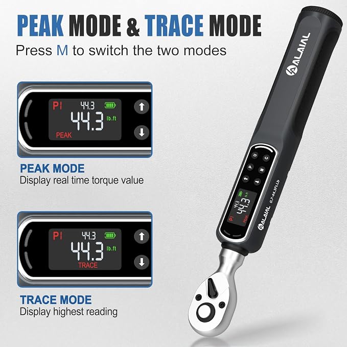 Digital Torque Wrench 3/8 Drive, 0.7-44.3 Ft.Lb ±2% Accuracy | LED Display, Buzzer&Vibration Alert, 2 Modes, 10 Presets&500 Data Logs, for Lug Nuts, Automotive, Motorcycle Repair