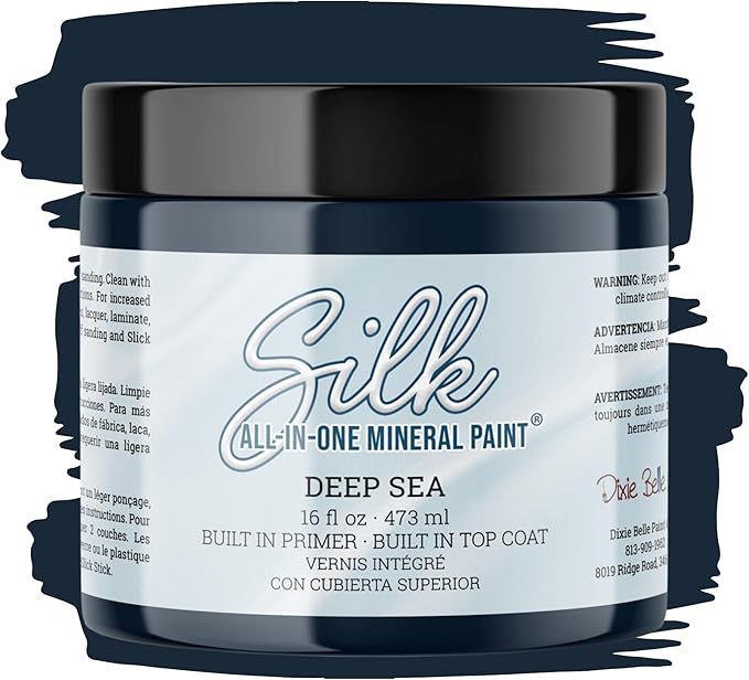Dixie Belle Silk All-in-One Mineral Paint - Deep Sea (16oz) - Water Based Built-In Primer + Topcoat for Wood + Metal - Durable Furniture Paint - Low Reflective Finish
