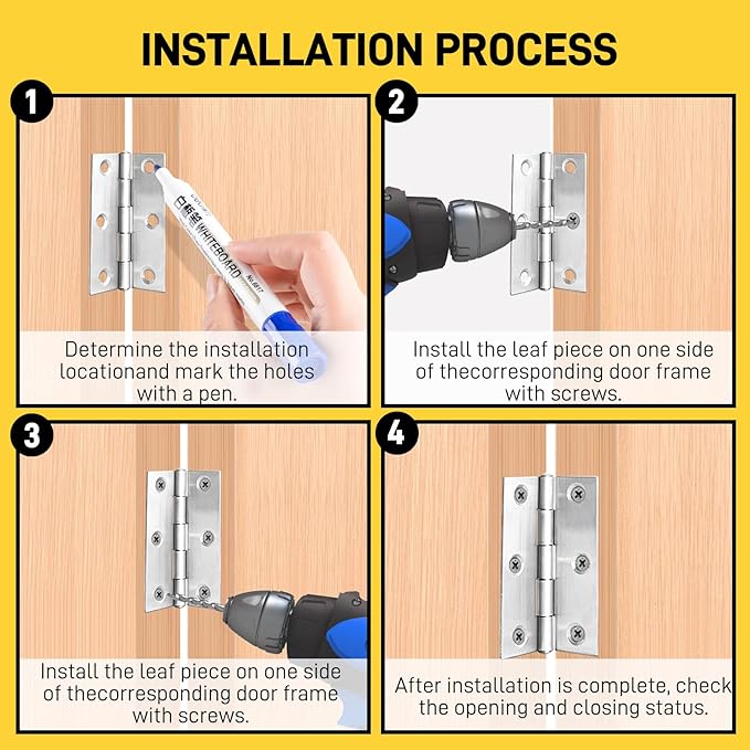 6 PCS 2.5 inch Modern/Contemporary Stainless Steel & Black Butt Hinges for Wood, Small Hinges with 36 Mounting Screws, Silver