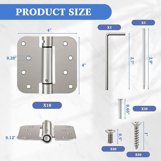 Yaocom 10 Pack Self Closing Door Hinge 4 Inch Spring Loaded Hinges with 5/8'' Radius Corners Automatic Door Closer Hinge Adjustable Tension for Garage, Residential(Silver)