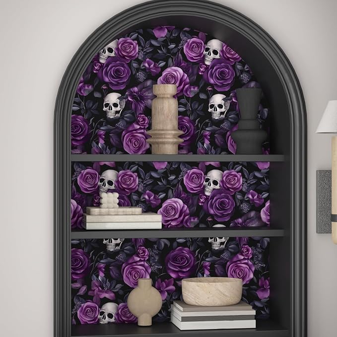 Gothic Dark Purple Skull Floral Wallpaper Peel and Stick 17.5"x118" | Self Adhesive/Removable/Waterproof/Thick Vinyl Vintage Contact Paper for Bathroom Bedroom Shelf Cabinet Drawer,Prepasted