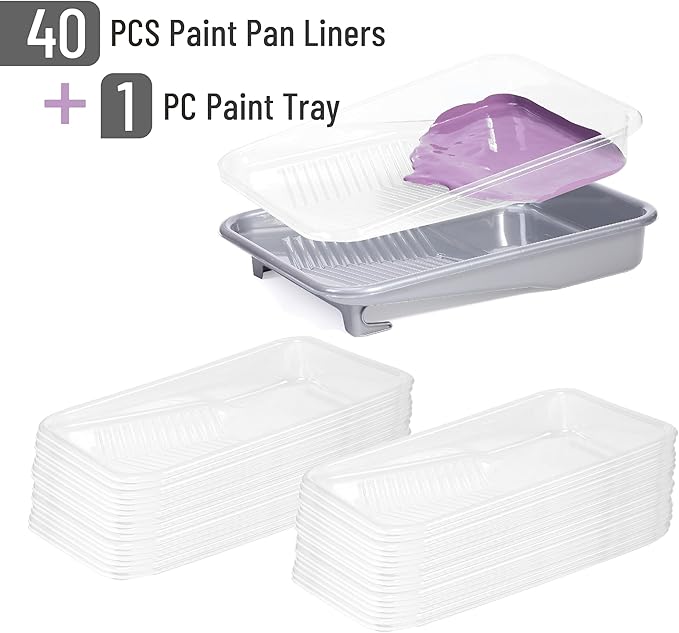 Bates- Paint Tray Set, 9 Inch, 42 pcs, 1x 9 Inch Paint Roller Tray, 40x Disposable Tray Liners & 1x Roller Frame