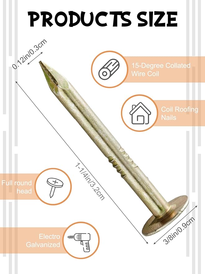 Sadnyy 600 Count Coil Roofing Nails 3/4-1-1/4 in 15 Degree Coil Roofing Stainless Steel Siding Nails with Smooth Ring Shank for Roof Lathing Sheathing Material (1-1/4 inch x 0.12 inch)