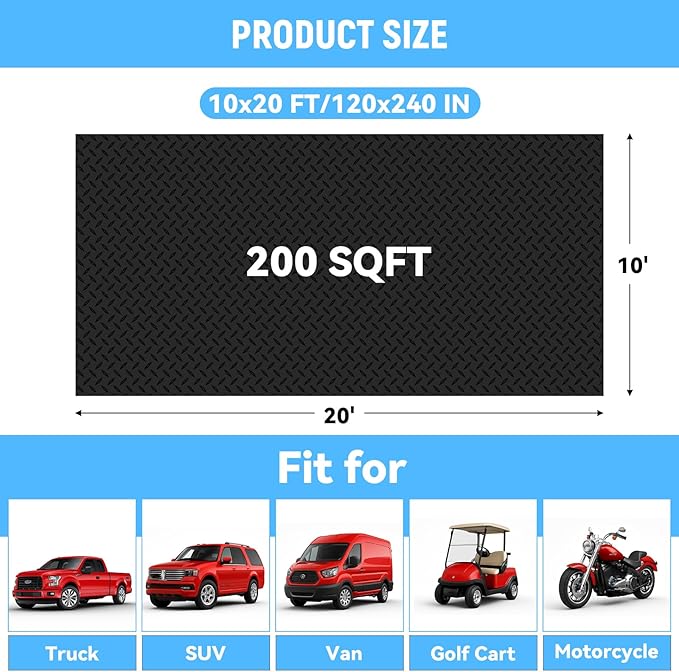 10x20 FT Garage Floor Mat, 2.8mm Thickened PVC Flooring Roll for Under Car, 200 SQFT Diamond Plate Black Garage Mats for Garage, Warehouse, Basement, Gyms, Trailer（Included Tapes）