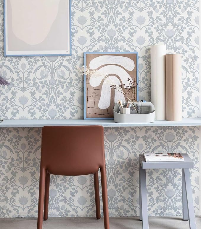YXTII 590.5" × 17.3" Blue Floral Peel and Stick Wallpaper, Damask Vintage Wallpaper for Bedroom Bathroom Self Adhesive Removable