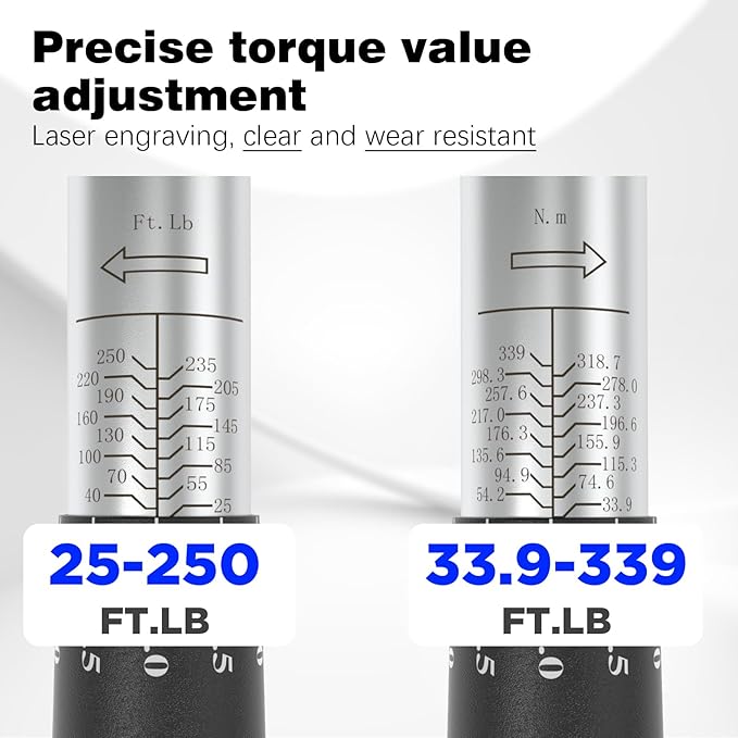 SuZhi 1/2 Inch Torque Wrench 25-250 ft-lb /33.9-339 N.M/Aluminum Alloy handle & Cr-Mo Material Head, Heavy Duty, Professional,Dual Direction, Store in Solid Case