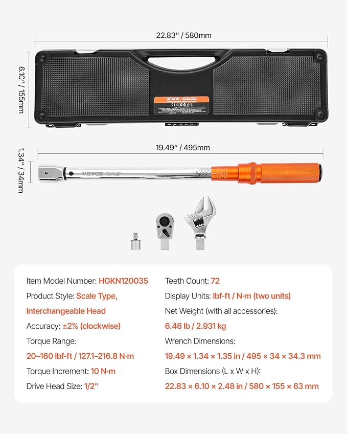 VEVOR Adjustable Torque Wrench 1/2 Inch Drive, 20-160Ft.lb/27.1-216.8Nm, 38MM Open End, 3/8 Inch Drive Torque Wrench with Interchangeable Jaw & Ratchet Head for HVAC, Car, Moto, Narrow Pipeline