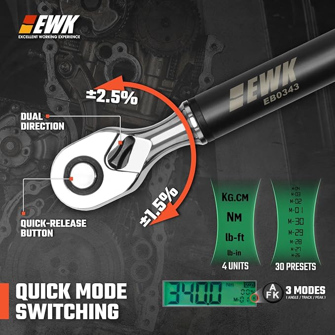 1/2" Drive Digital Angle Torque Wrench 12.5-250 ft-lbs (17-340 Nm) | ISO 6789, ±1.5% clockwise / ±2.5% counterclockwise/ ±2% Angle, LCD Display, LED Buzzer Vibration Alert, 30 Memory Values