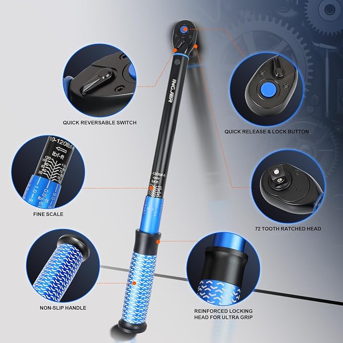 Drive Click Torque Wrench, 3/8" 10-120Ft.Lb, torque wrench for Car | Dual-Direction Adjustable 72 Tooth Click Torque Wrench for Bike, Motorcycle,Professionals & DIYers,Blue