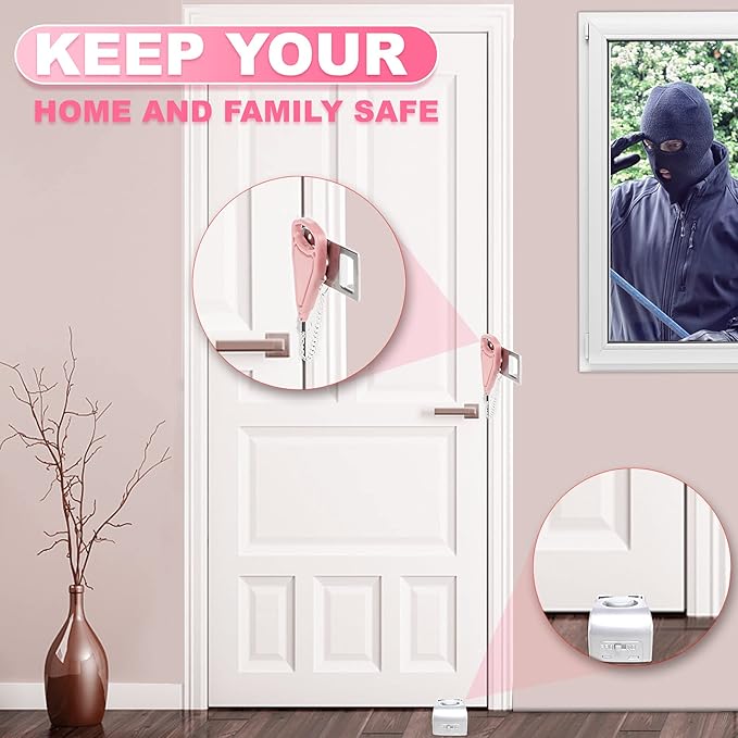 Portable Door Lock Home Security Door Locker Travel Lockdown Locks for Additional Safety and Privacy Perfect for Traveling Hotel Home Apartment College-Pink-4 Pack