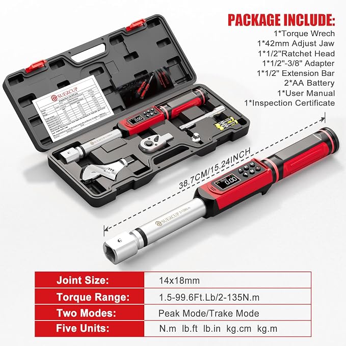 1/2" Adjustable Digital Torque Wrench (1.5-99.6Ft.Lb/2-135N.m) | Interchangeable 14x18mm Head with 42mm Jaw & 1/2" Ratchet, Vibration, Buzzer & LED Flash, for HVAC, Flare Nut & Auto Repair